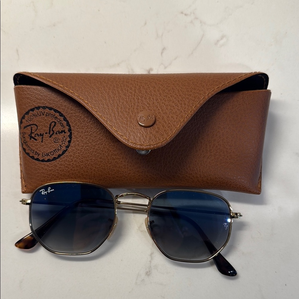 Ray-Ban Tan Leather Sunglasses Case with Gold Accents